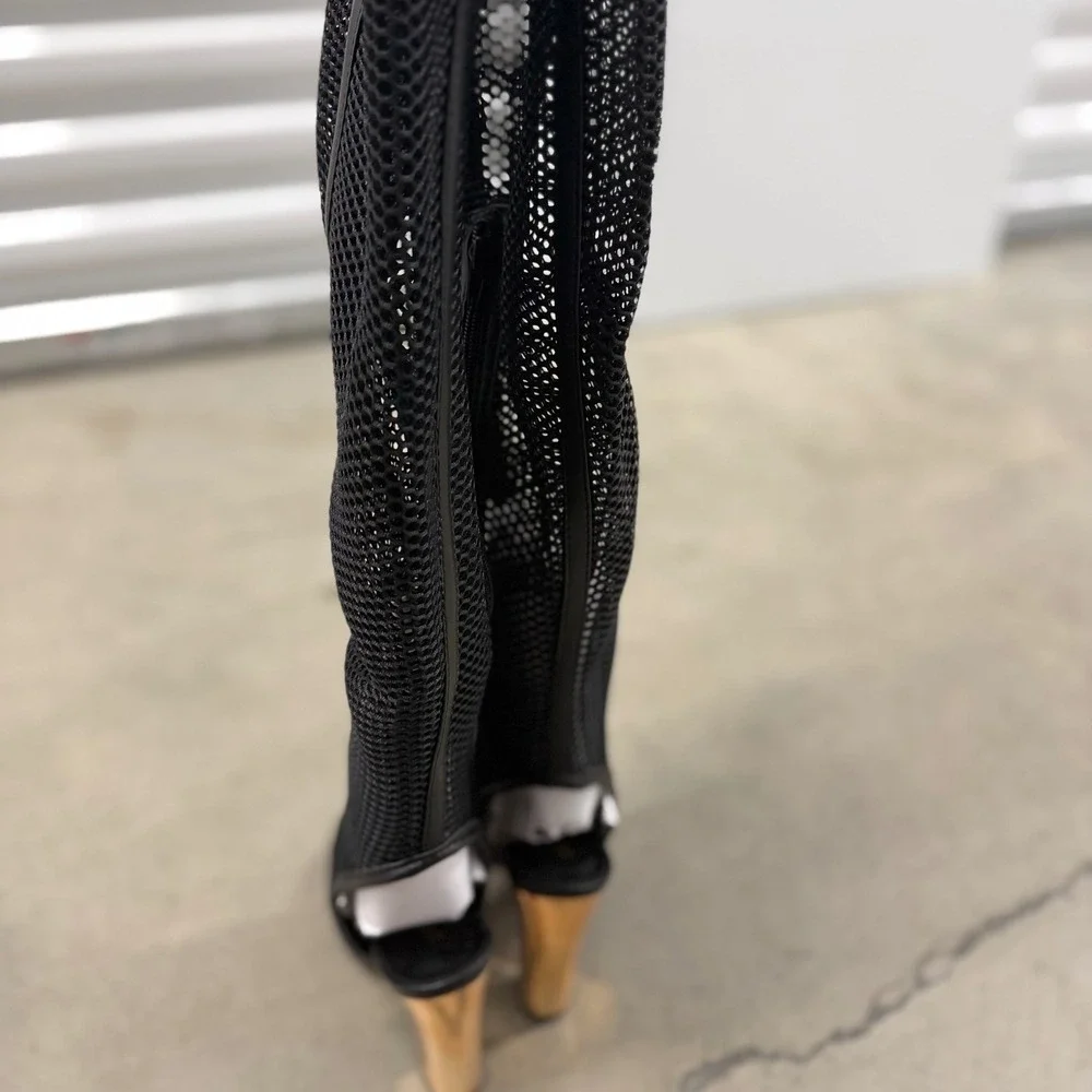 Bamboo Black Mesh Over The Knee Boots Open Toe Gold Block Heel Womens 7